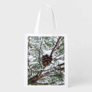 Snowy Pine Cone II Winter Nature Photography Reusable Grocery Bag