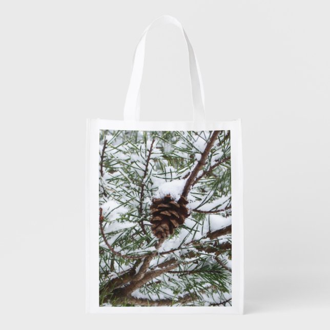 Snowy Pine Cone II Winter Nature Photography Reusable Grocery Bag (Front)