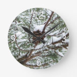 Snowy Pine Cone II Winter Nature Photography Round Clock