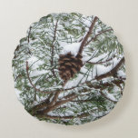 Snowy Pine Cone II Winter Nature Photography Round Pillow