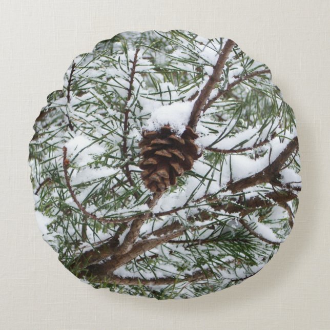 Snowy Pine Cone II Winter Nature Photography Round Pillow (Front)