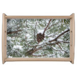 Snowy Pine Cone II Winter Nature Photography Serving Tray
