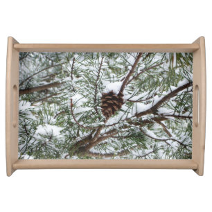 Snowy Pine Cone II Winter Nature Photography Serving Tray