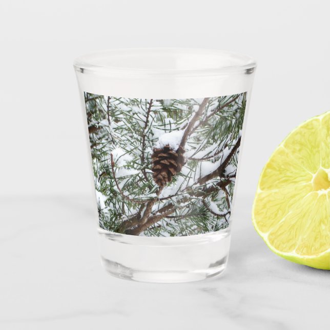 Snowy Pine Cone II Winter Nature Photography Shot Glass (Front)