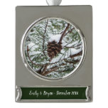 Snowy Pine Cone II Winter Nature Photography Silver Plated Banner Ornament