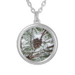 Snowy Pine Cone II Winter Nature Photography Silver Plated Necklace