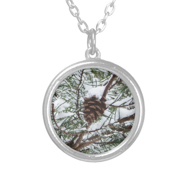 Snowy Pine Cone II Winter Nature Photography Silver Plated Necklace (Front)