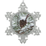 Snowy Pine Cone II Winter Nature Photography Snowflake Pewter Christmas Ornament
