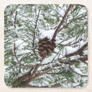 Snowy Pine Cone II Winter Nature Photography Square Paper Coaster