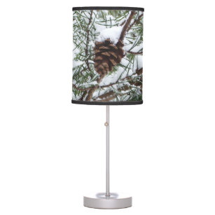 Snowy Pine Cone II Winter Nature Photography Table Lamp
