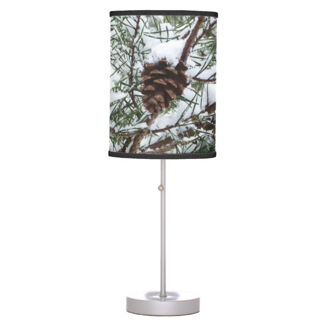 Snowy Pine Cone II Winter Nature Photography Table Lamp (Front)