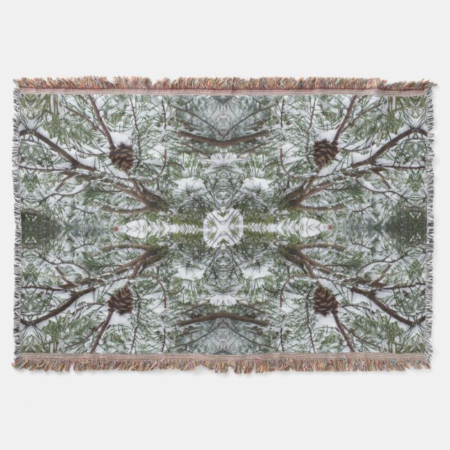 Snowy Pine Cone II Winter Nature Photography Throw Blanket (Front)