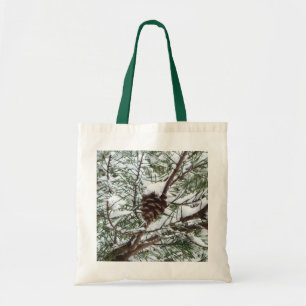 Snowy Pine Cone II Winter Nature Photography Tote Bag