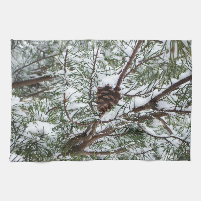Snowy Pine Cone II Winter Nature Photography Towel (Horizontal)