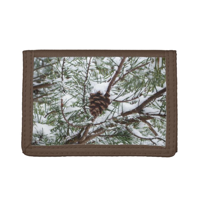 Snowy Pine Cone II Winter Nature Photography Tri-fold Wallet (Front)