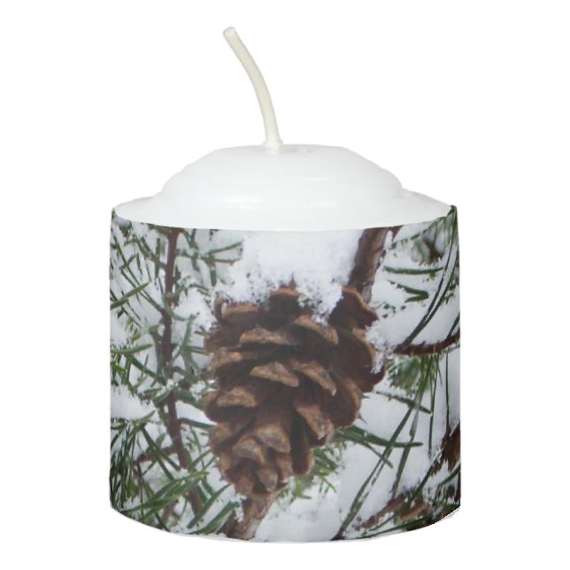 Snowy Pine Cone II Winter Nature Photography Votive Candle (Front)