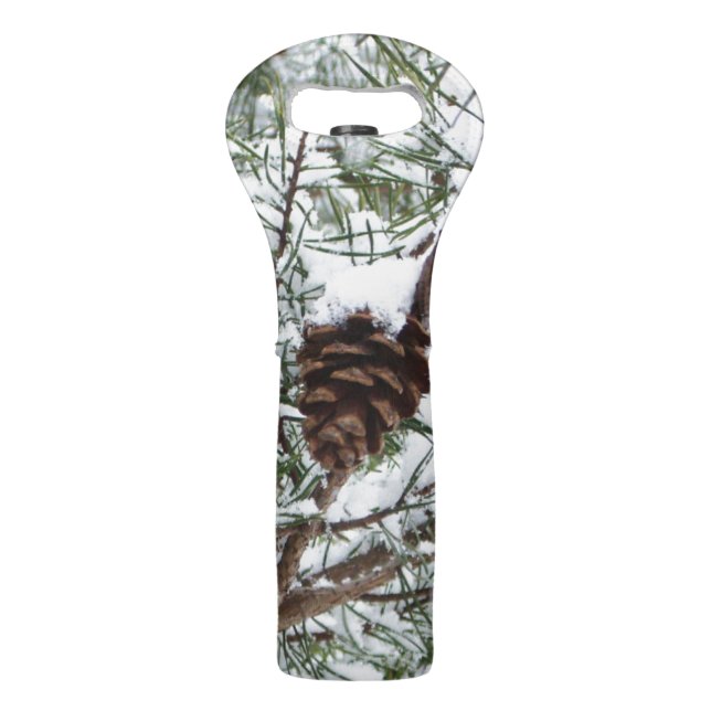 Snowy Pine Cone II Winter Nature Photography Wine Bag (Front)