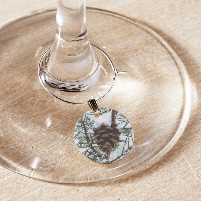Snowy Pine Cone II Winter Nature Photography Wine Charm (In Situ)