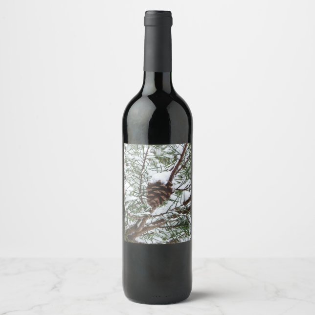 Snowy Pine Cone II Winter Nature Photography Wine Label (Front)