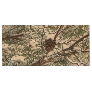 Snowy Pine Cone II Winter Nature Photography Wood Flash Drive