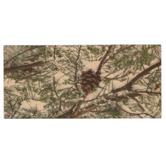 Snowy Pine Cone II Winter Nature Photography Wood Flash Drive