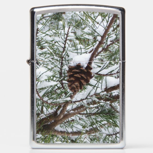 Snowy Pine Cone II Winter Nature Photography Zippo Lighter (Front)