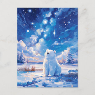 Snowy Pine Forest Polar Bear Winter Night Postcard