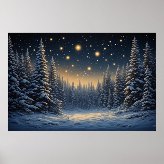 Snowy Pine Forest Under A Starry Night Sky ✨ Cozy  Poster (Front)