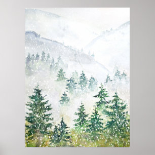 snowy pine forest watercolor poster