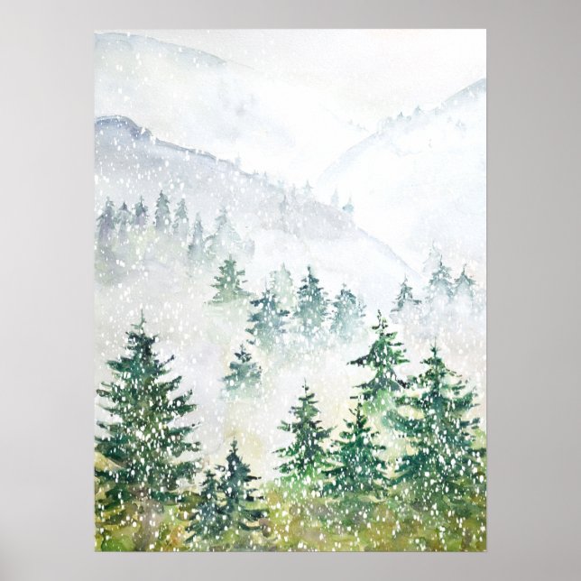 snowy pine forest  watercolor  poster (Front)