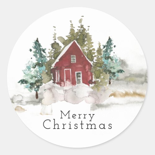 Snowy Pine Forest Watercolour Merry Christmas  Classic Round Sticker