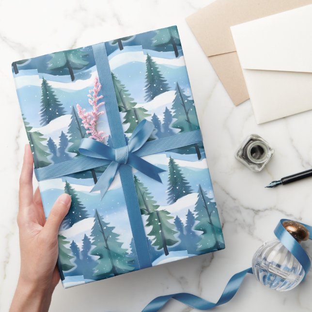Snowy Pine Forest | Winter Watercolor Wrapping Paper (Gifting)