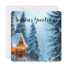 Snowy Pine Forest with Cabin 5x5 Christmas Cards