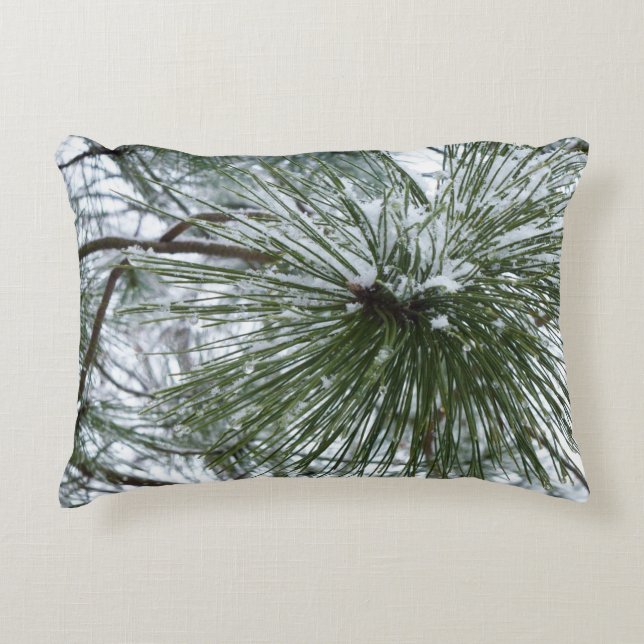 Snowy Pine Needles Winter Nature Photography Accent Pillow (Front)