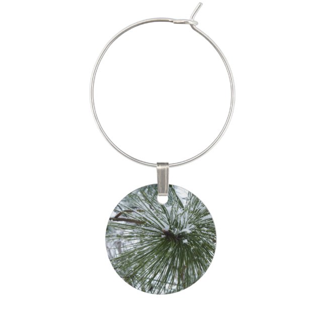 Snowy Pine Needles Winter Nature Photography Wine Glass Charm (Front)