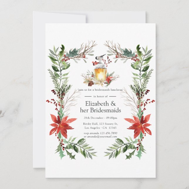 Snowy Pine & Spruce Christmas Bridesmaids Luncheon Invitation (Front)