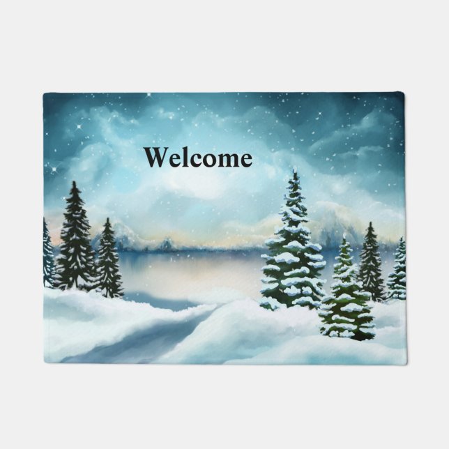 Snowy pine trees near a lake doormat (Front)