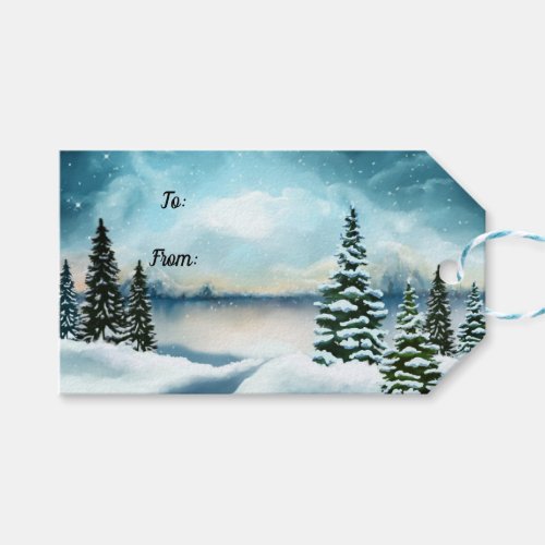 Snowy pine trees near a lake gift tags