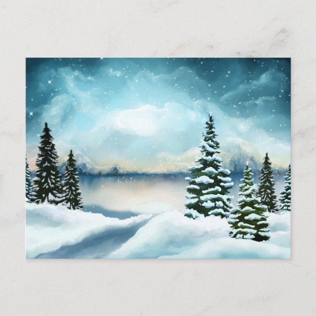 Snowy pine trees near a lake    holiday postcard (Front)