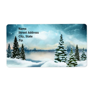 Snowy pine trees near a lake label