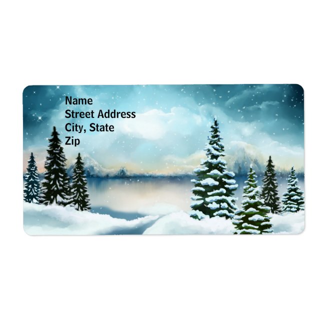 Snowy pine trees near a lake label (Front)
