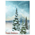 Snowy pine trees near a lake