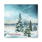 Snowy pine trees near a lake