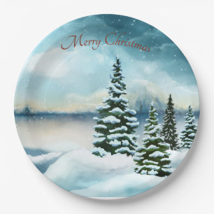 Snowy pine trees near a lake paper plates