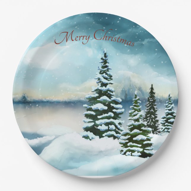 Snowy pine trees near a lake paper plates (Front)