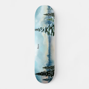 Snowy pine trees near a lake skateboard