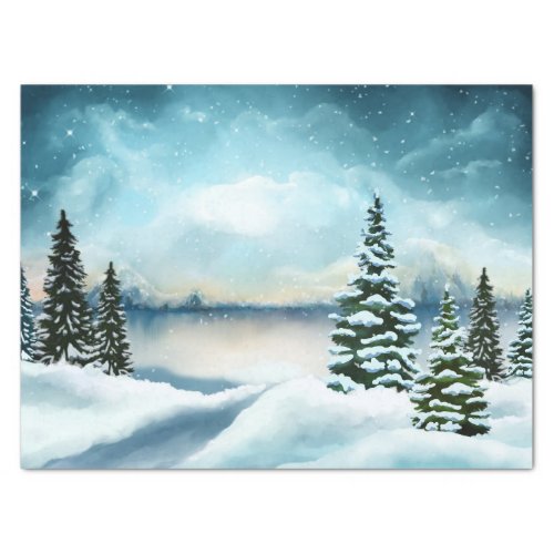 Snowy pine trees near a lake      tissue paper