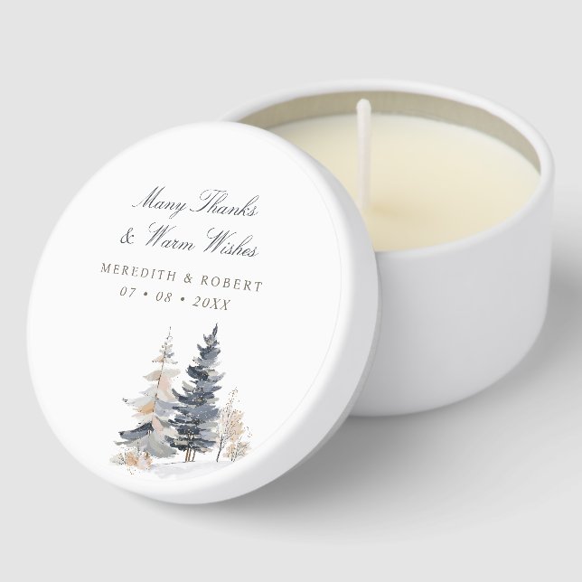 Snowy Pine Trees Slate Blue Winter Wedding Mini Candle Favors (Corner)