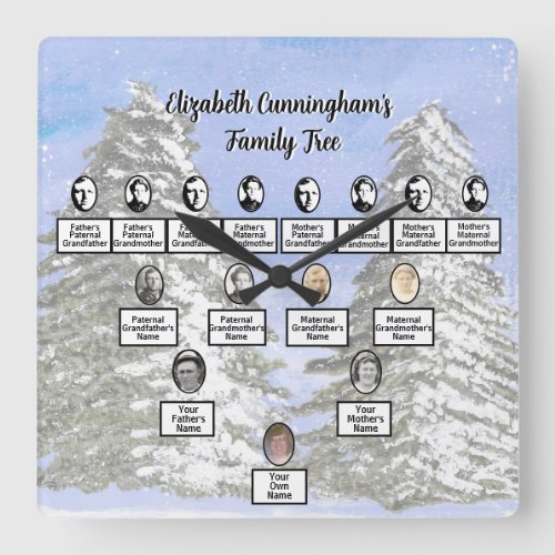 Snowy Pine Trees Watercolor Oval Family Photos Square Wall Clock
