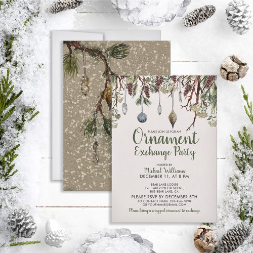 SNOWY PINES Christmas Ornament Exchange Party Invitation